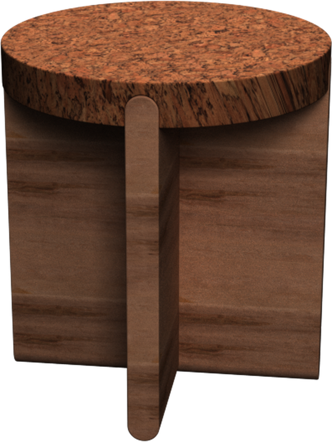 Hocker with a natural cork seat on a cross-lapped walnut plank base.