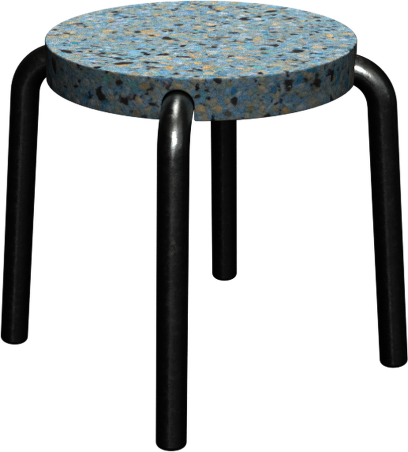 Hocker with a blue-teal speckled terrazzo seat on a black bent tube base.