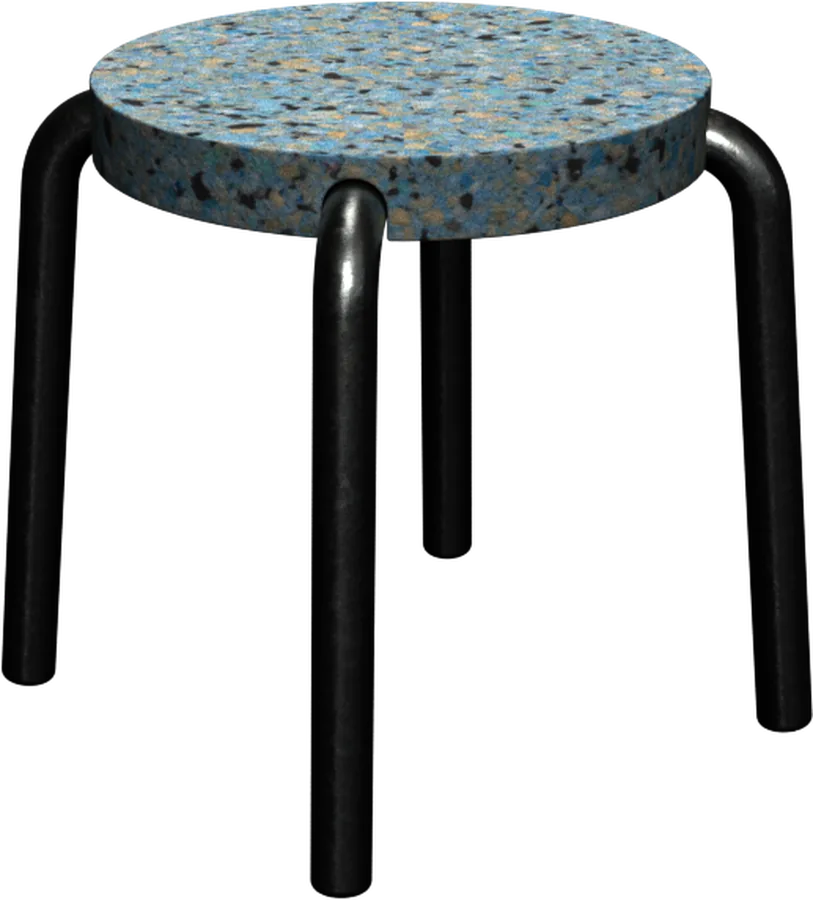 Hocker with a blue-teal speckled terrazzo seat on a black bent tube base.