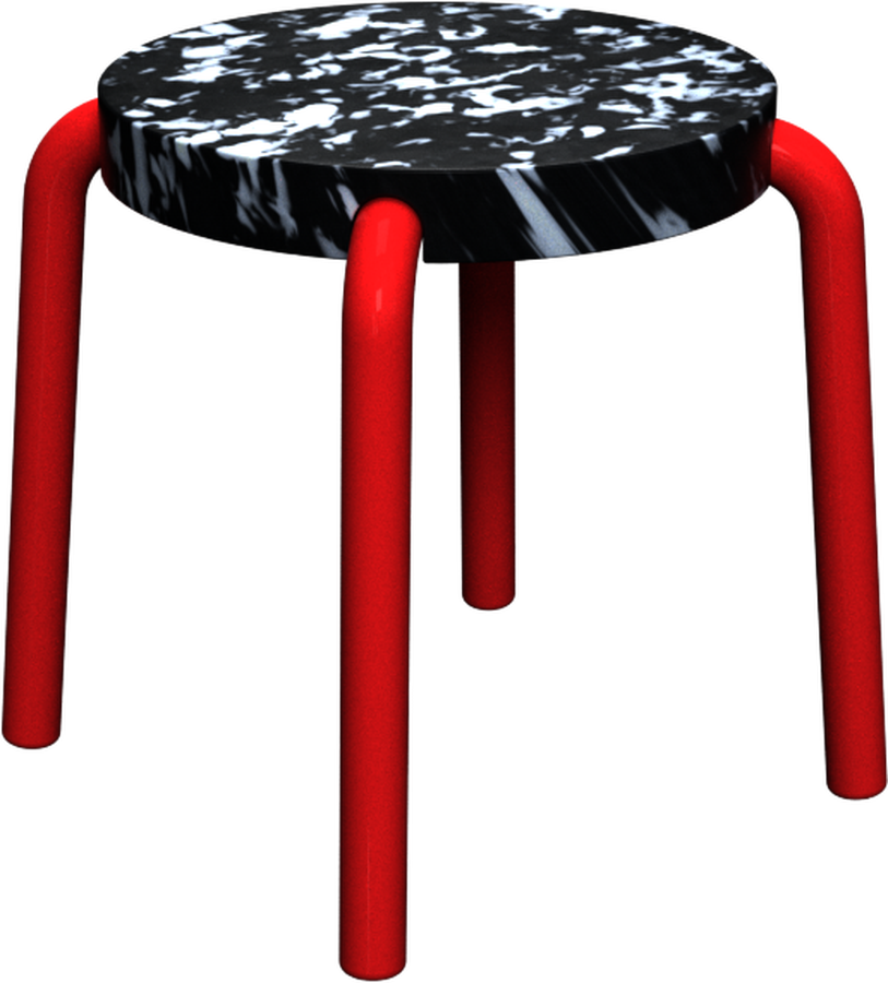 Hocker with a black and white marbled recycled-plastic seat on a red lacquered bent tube base.