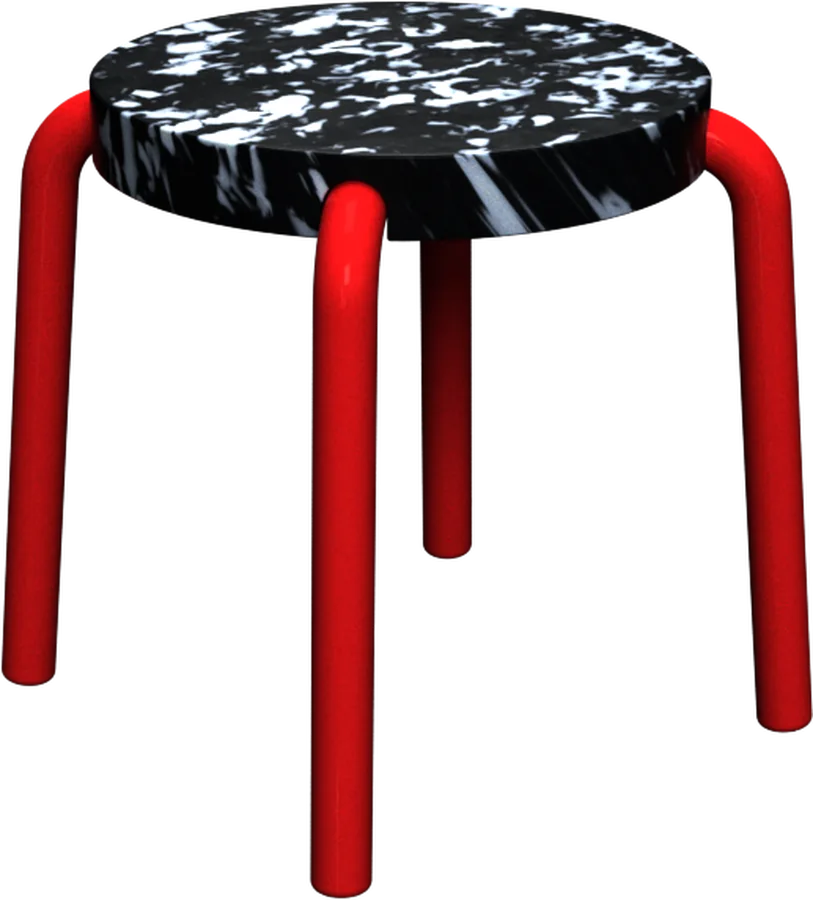 Hocker with a black and white marbled recycled-plastic seat on a red lacquered bent tube base.
