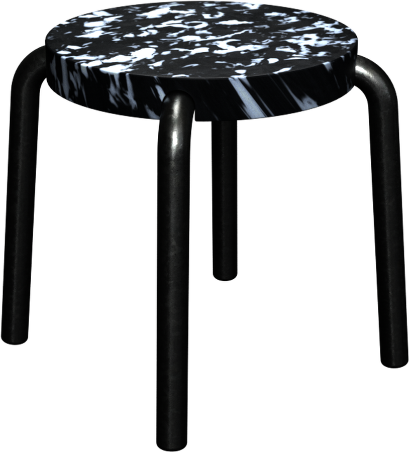 Hocker with a black and white marbled recycled-plastic seat on a bent tube base.
