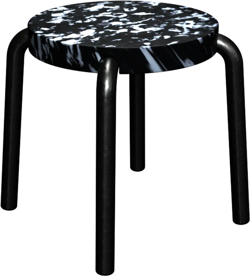 Hocker with a black and white marbled recycled-plastic seat on a black bent tube base.
