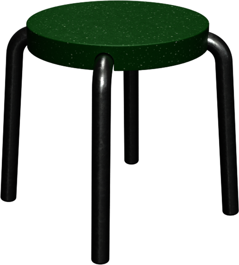 Hocker with a deep green terrazzo seat on a black bent tube base — edition 003.