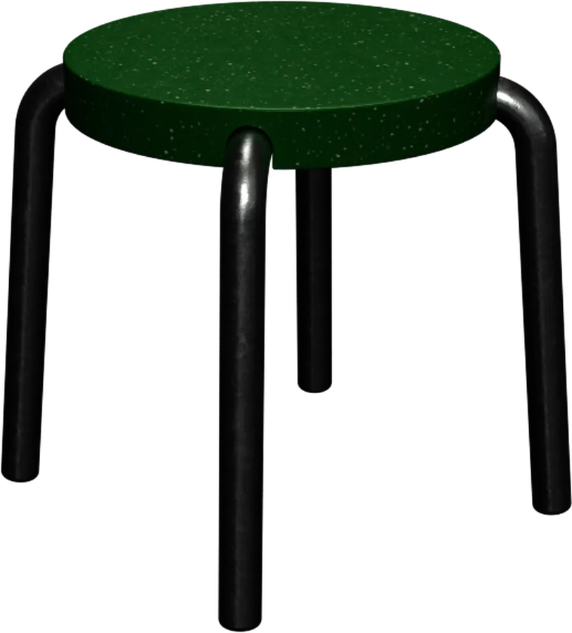 Hocker with a deep green terrazzo seat on a black bent tube base — edition 003.