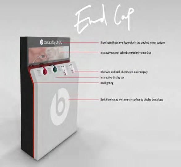 Beats by Dr. Dre end cap with illuminated logo and interactive screen behind a smoked mirror surface