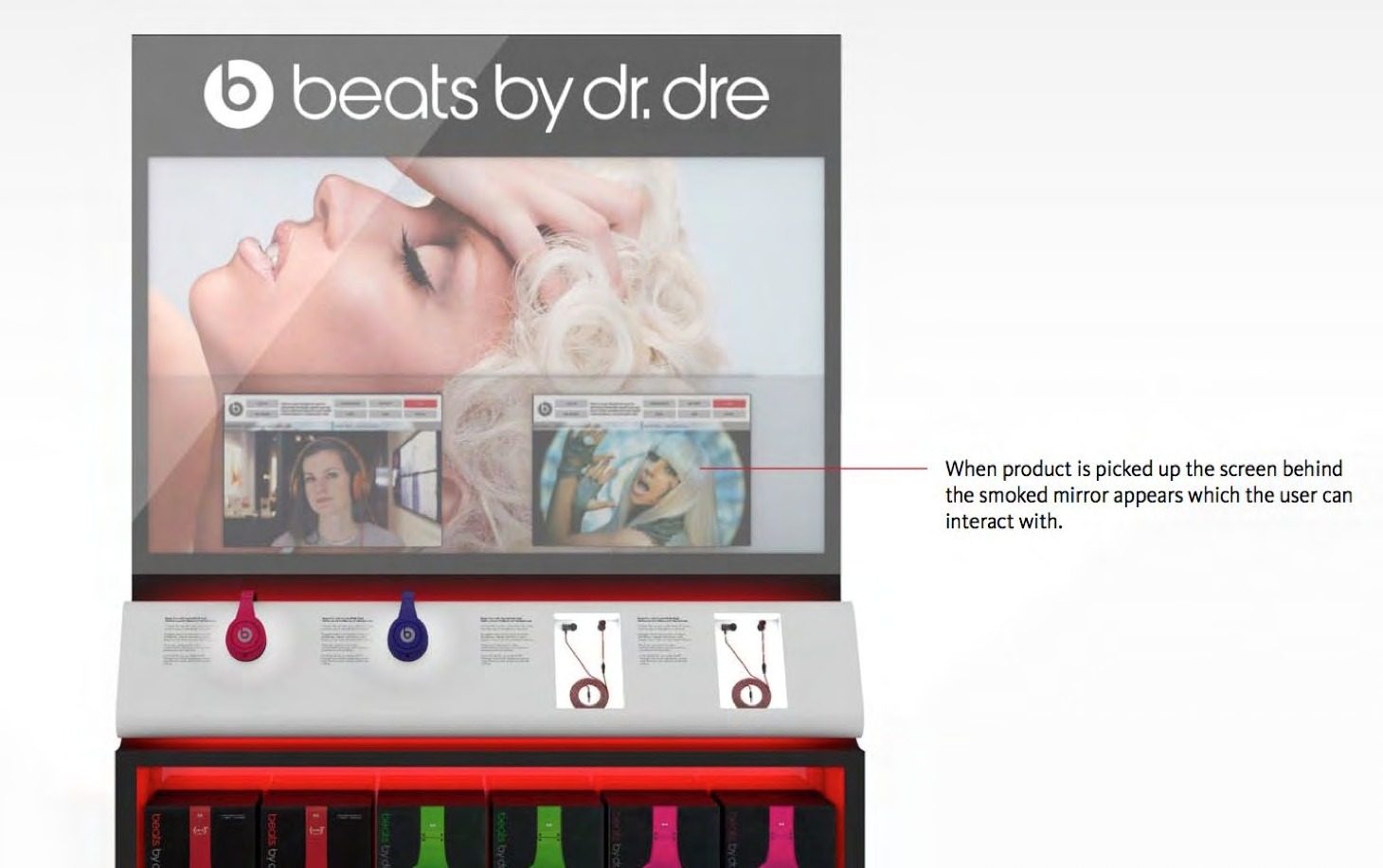 Beats by Dr. Dre display counter with a smoked-mirror screen that comes alive when a product is picked up