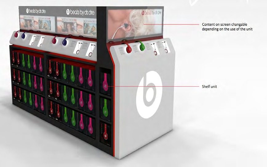 Beats by Dr. Dre shelf unit with changeable screen content