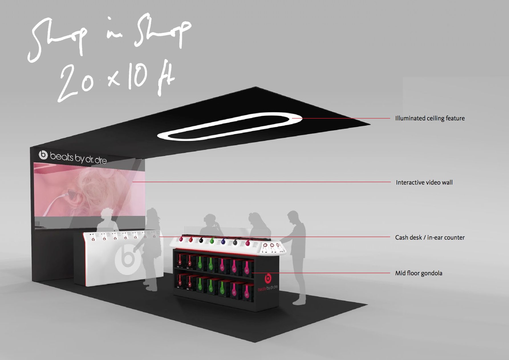 Beats by Dr. Dre shop in shop, 20 by 10 ft, with illuminated ceiling feature, video wall, cash desk and mid-floor gondola