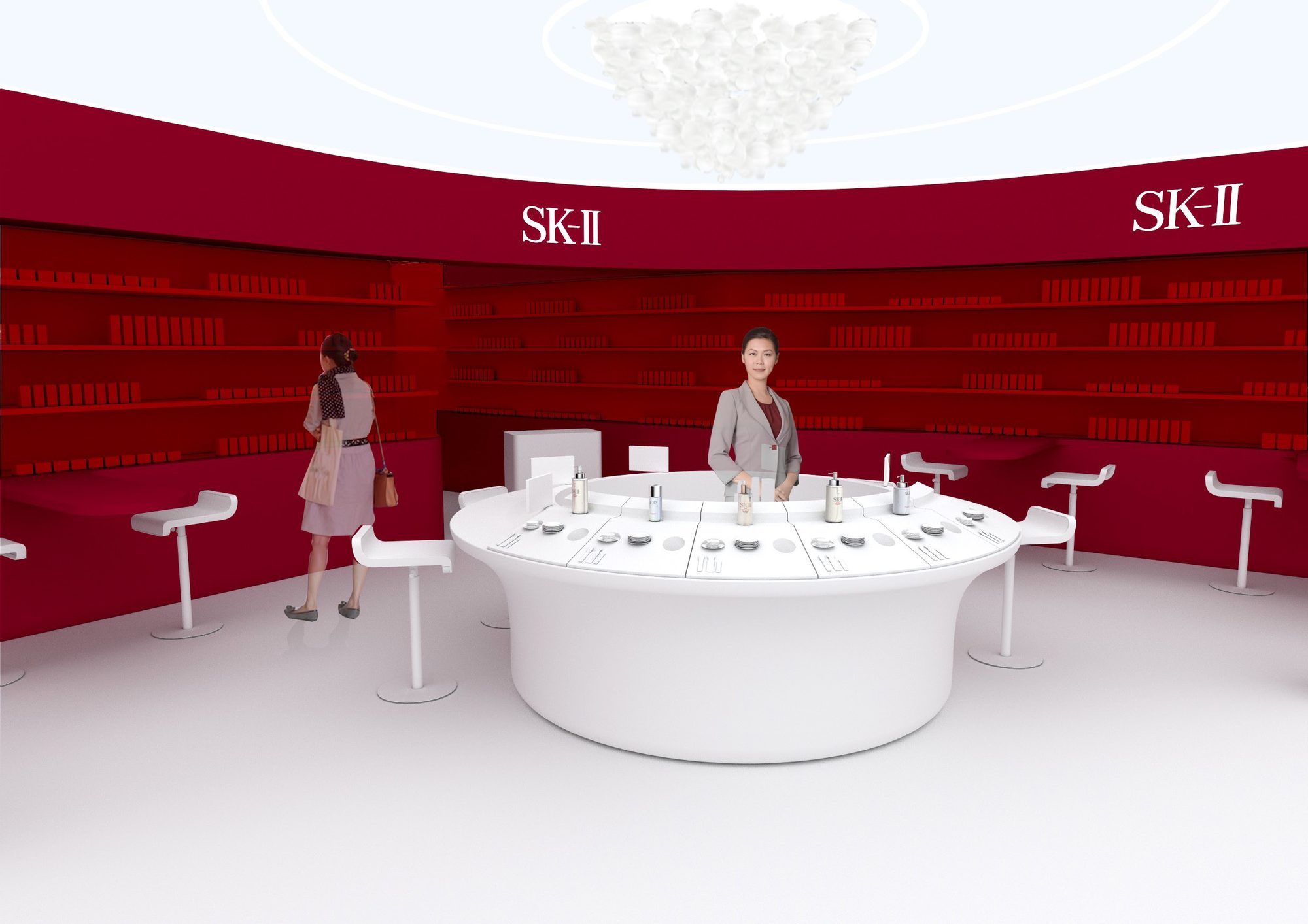 SK-II retail concept: the Facial Treatment Essence counter in a deep red store environment