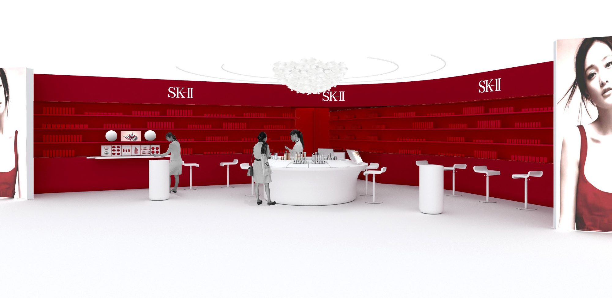 SK-II store concept, wide view of the curved red wall and central counter